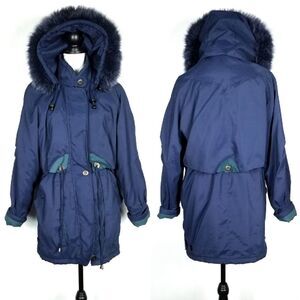 Vintage Bernardo Navy Blue Fur Trimmed Winter Jacket Size Small
